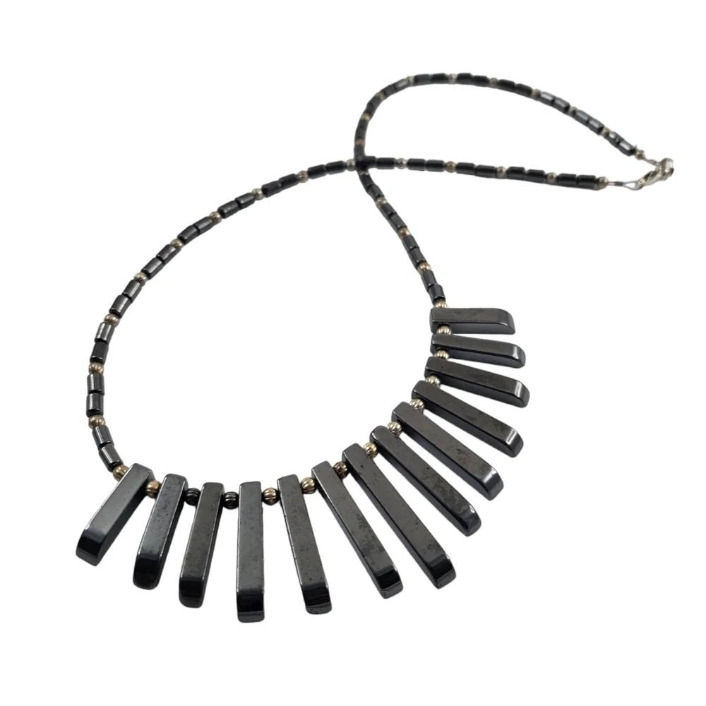Vintage hematite statement necklace antique silver tone